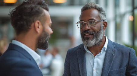 An office conversation between two business people using laptops in a meeting. Teamwork and collaboration between business professionals.の素材