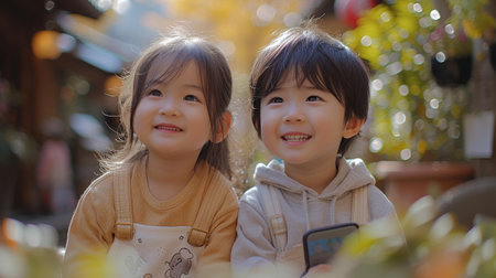 Making video content on a smart phone while two Asian children smile and look at itの素材