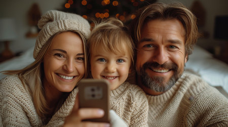 A smiling father holds a cellphone, takes a selfie, records a video with his wife and little siblings. Two excited parents look at their mobile devices with their kids, feeling excited.の素材