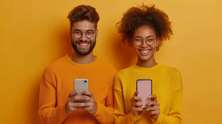 Mobile Offer. Millennial Woman Standing Isolated Over Orange Studio Background, Excitedly Pointing Finger At New App In Her Hand, Emotionally Reacting To New Apps, Panorama.の素材