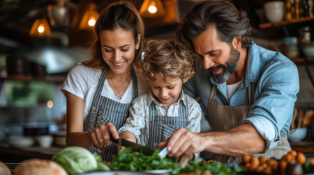 The family makes food together in the kitchen, with the mother reading the recipe to the father and son, and the boy chopping up the green vegetables for salad. There are weekend activities at homeの素材