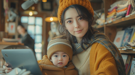 She is raising her toddler with assistance while selling her childrens clothes onlineの素材