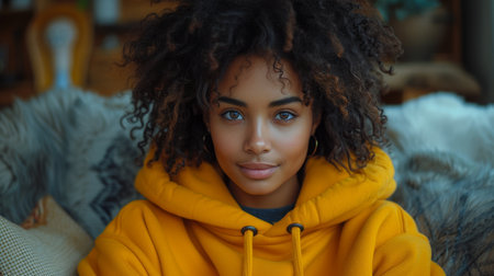 Teenager recording video for social media at home, camera focused on smartphone screen, copy space includedの素材