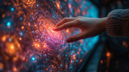 Conceptual picture of a woman touching the metaverse universe, symbolizing a transition to a digital age for the next generation of technology.の素材