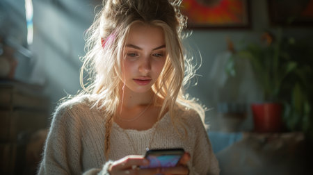 A teenage girl videos herself at home and streams it on social media using her mobile phoneの素材