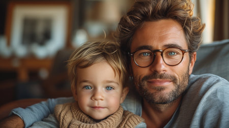 Relaxing on an armchair with his son, a smiling father is at home with himの素材