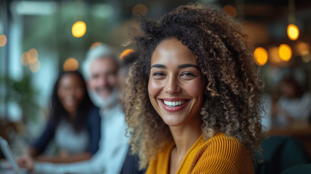 In a modern workspace, a group of diverse businesspeople work together on a new project using a laptop.の素材