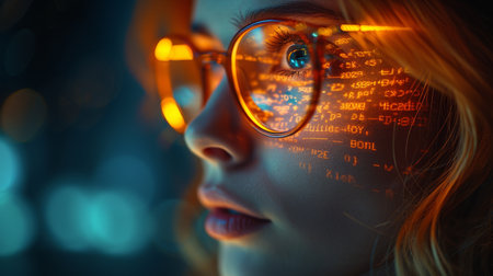 A programming hologram and woman using a tablet to think about data analytics, digital technology, and night overlay. A programmer or IT professional wearing glasses on a 3D screen to learn how toの素材