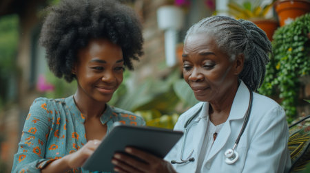 Medic with a smile, touchscreen, or healthcare with a mobile touch screen in hospital. Black woman, doctor and elderly patient with good news, tablet and results.の素材