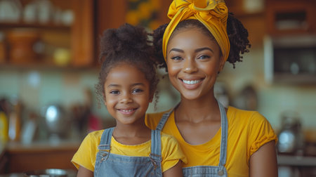 The life of a happy black mother and daughter baking pancakes in the kitchen at home, including lifestyles, family, motherhood, cooking, food, and domestic activities.の素材