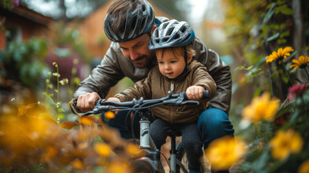 In the family garden, a father teaches his son to ride while wearing a helmet for safety while riding a bicycle. An active father guiding and supporting his child while cycling.の素材