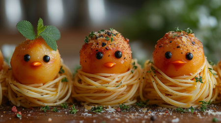 Kids spaghetti with meatballs. Nesting birdsの素材