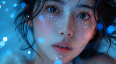 Angular hologram screens. Young Asian woman watching business technology.の素材