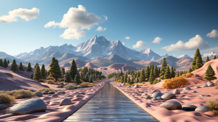 The road coming out of the smartphone is illustrated in 3D, it is a realistic road in a mobile. This is a mockup design isolated with a white background for online shopping creative ads.の素材