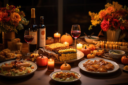 Festive dinner on the table in a rustic style for Thanksgivingの素材
