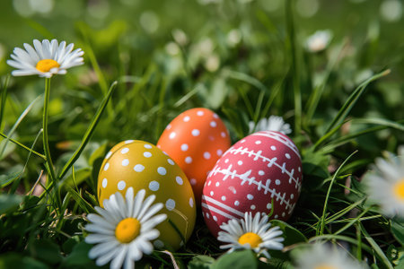 Three decorated Easter eggs in the grass with daisiesの素材