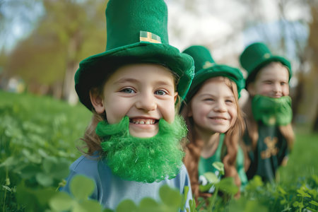 The children wear a green leprechaun hat and a beard and a clover leafの素材