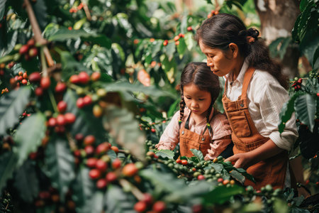 A farmer harvests coffee on a plantationの素材
