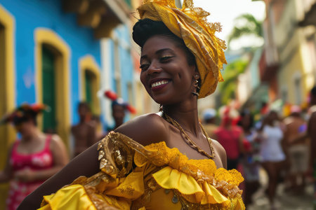 Beautiful Latin American dancer dressed for carnival on the streetsの素材