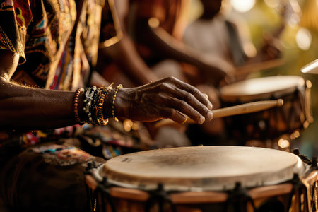 Close-up of a musical performer playing the drumsの素材