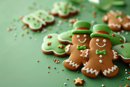 A composition with delicious gingerbread cookies for the celebration of St. Patricks Dayの素材
