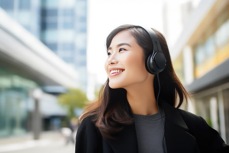 Asian woman wearing headphonesの素材
