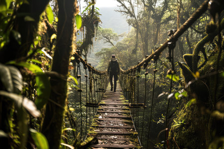 A tourist crosses a pedestrian bridge in the forestの素材