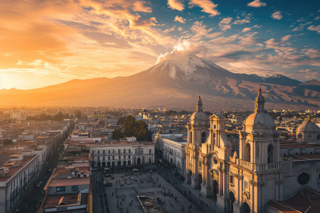 A birds-eye view from a drone of the main square of Arequipaの素材