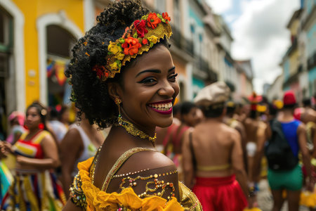 Beautiful Latin American dancer dressed for carnival on the streetsの素材