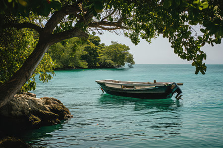 The boat sails through a place near the islandsの素材