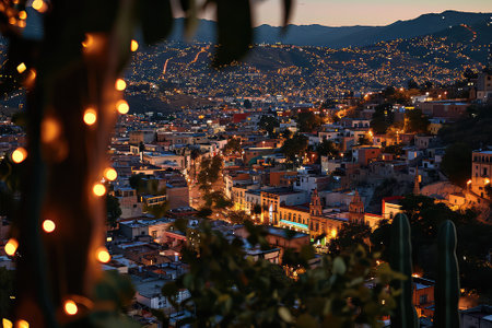 Night city with cactus in the background in the cityの素材