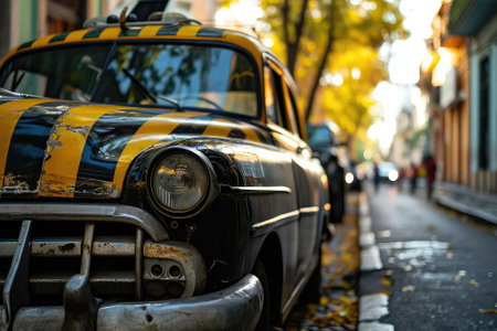 A city taxi painted in black and yellow on the streetsの素材