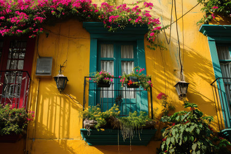 The facade of a beautiful house in the colors of Latin Americaの素材