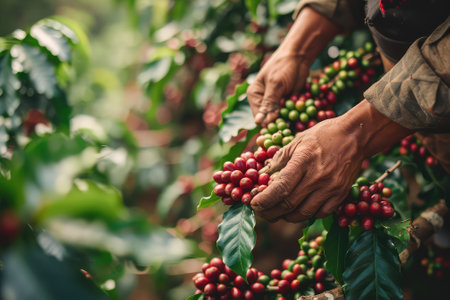 A farmer harvests coffee on a plantationの素材