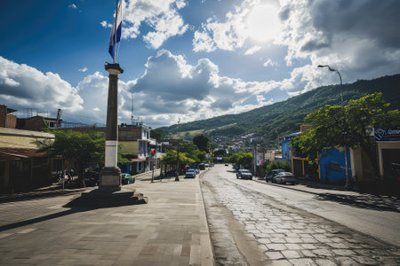 The flag of Honduras in the center of Tegucigalpa, at the monument to Sero Juana Lainezの素材
