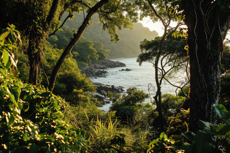 The landscape of the sea through trees and vegetationの素材