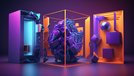 Futuristic portal. Science fiction podium, pedestal, platform. Modern empty cyberpunk space. Technological background. Sky-fi digital hi-tech elements for presentation product. AIの素材