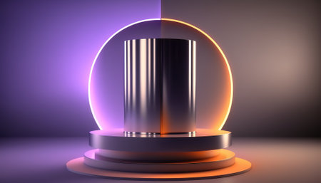 Futuristic portal. Science fiction podium, pedestal, platform. Modern empty cyberpunk space. Technological background. Sky-fi digital hi-tech elements for presentation product. AIの素材