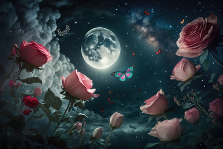 Fairy tale magical deep dark night sky with shining stars, moon.Fantastic magic illustration. AIの素材