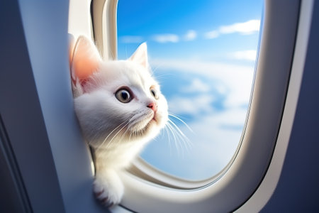 Cute cat looking through airplane window during flightの素材