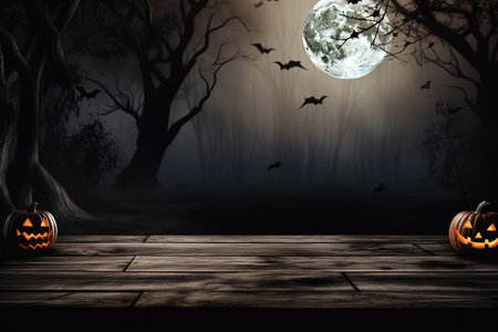 An old wooden table and the silhouette of a dead tree at nightの素材