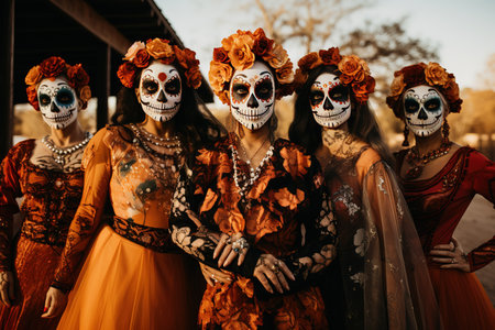 A group of unrecognizable women with makeup to celebrate the Day of the Deadの素材