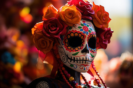 Horizontal shot of a thoughtful woman with creative makeup for the celebration of the Day of the Deadの素材