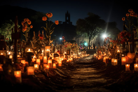 The cemetery at night during Day of the Deadの素材