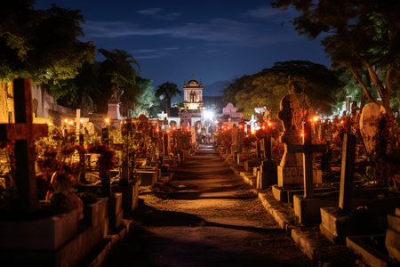 The cemetery at night during Day of the Deadの素材