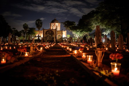 The cemetery at night during Day of the Deadの素材