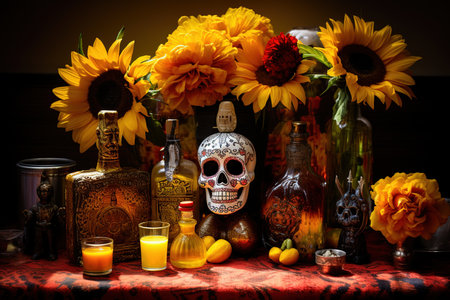 Traditional mexican Day of the dead altar with sugar skulls and candlesの素材