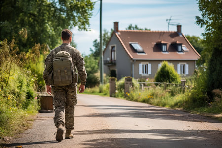A patriotic young soldier goes to his houseの素材