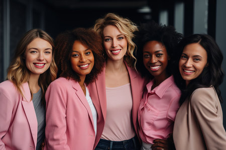 Funny multinational women cuddle outdoorsの素材