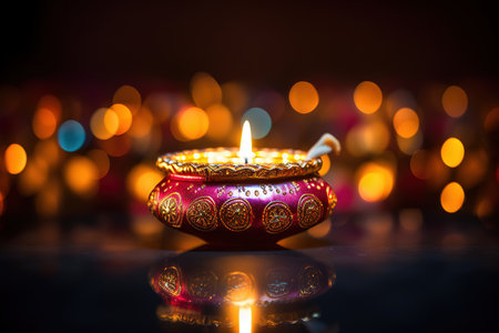 Colorful Diya lamps lit during Diwali celebrationの素材